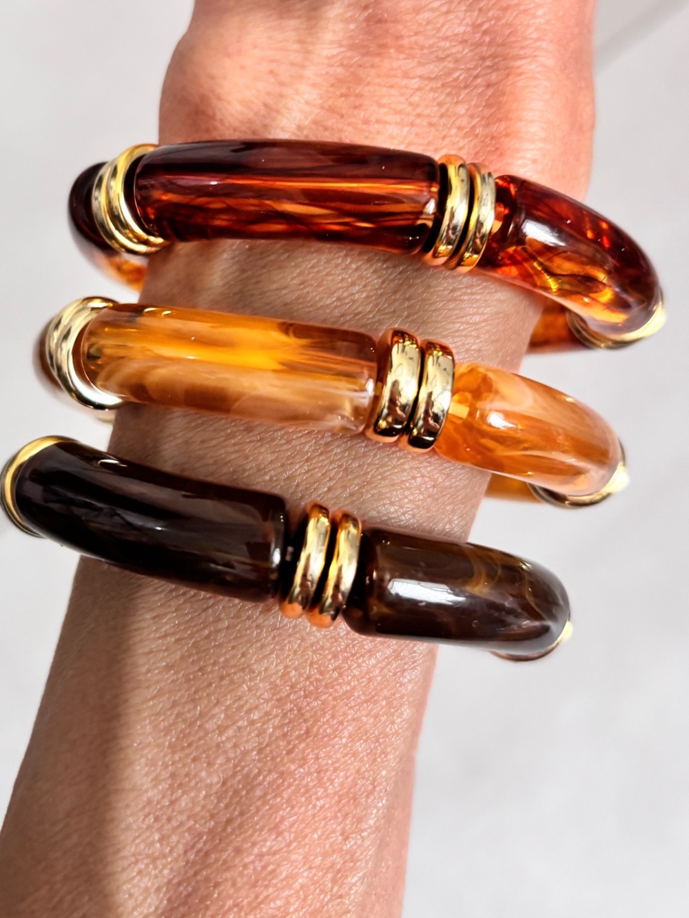 3 ChunkyBrown and Amber Resin Bangle Bracelet Stacking Set-Bamboo Resin Style